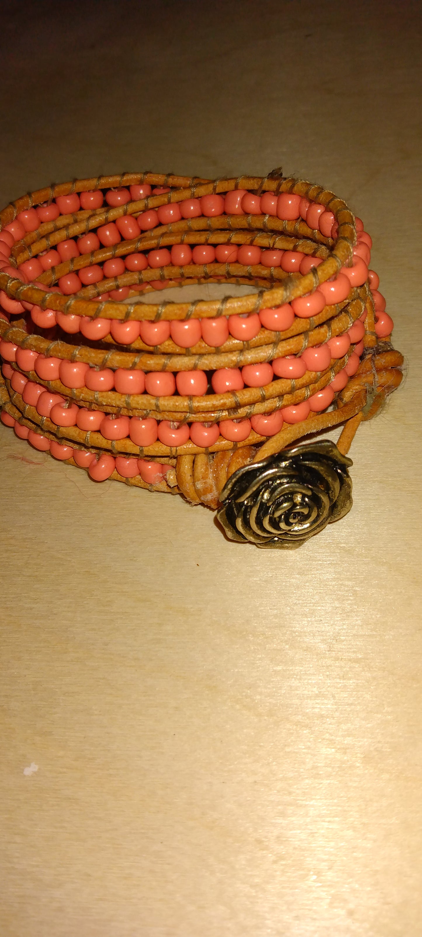 Handmade leather beaded wrap bracelet