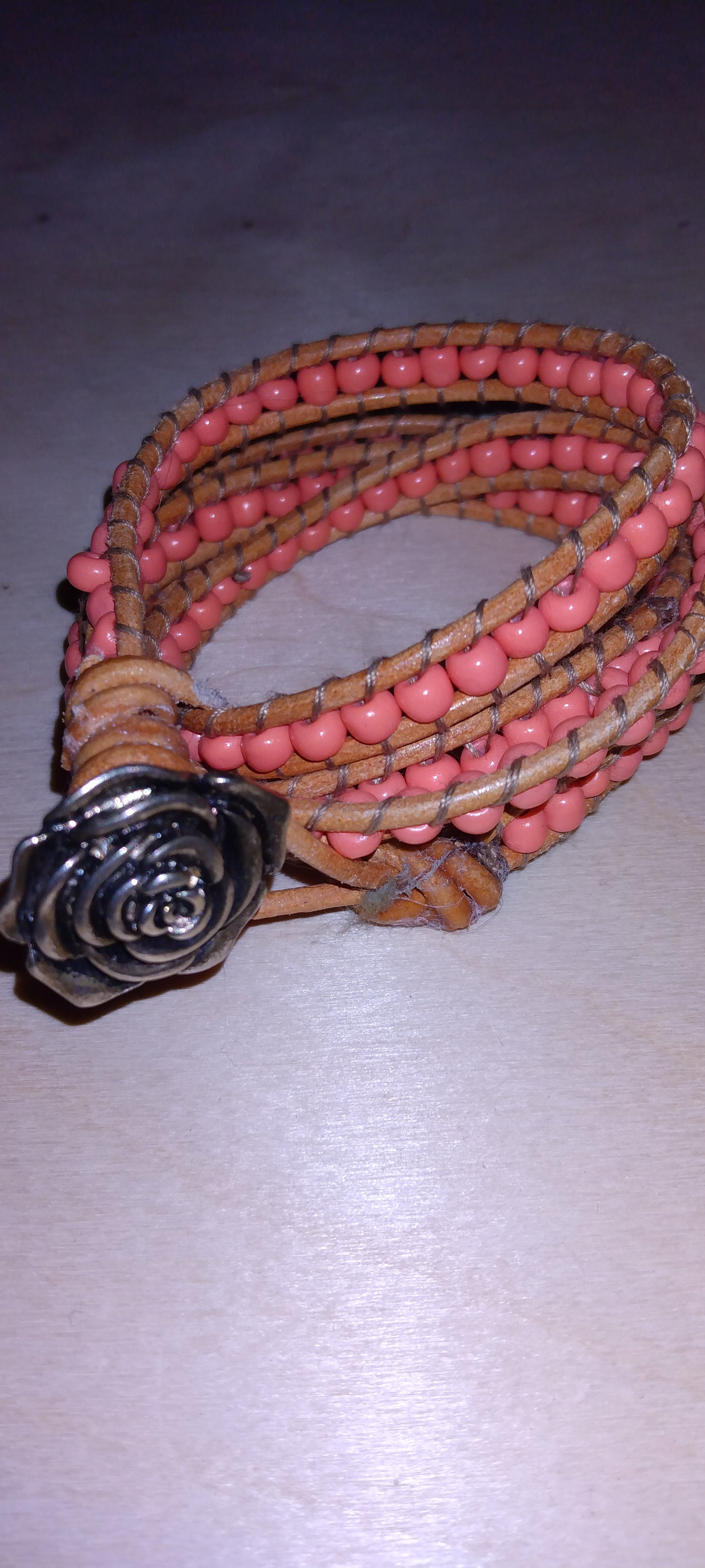 Handmade leather beaded wrap bracelet