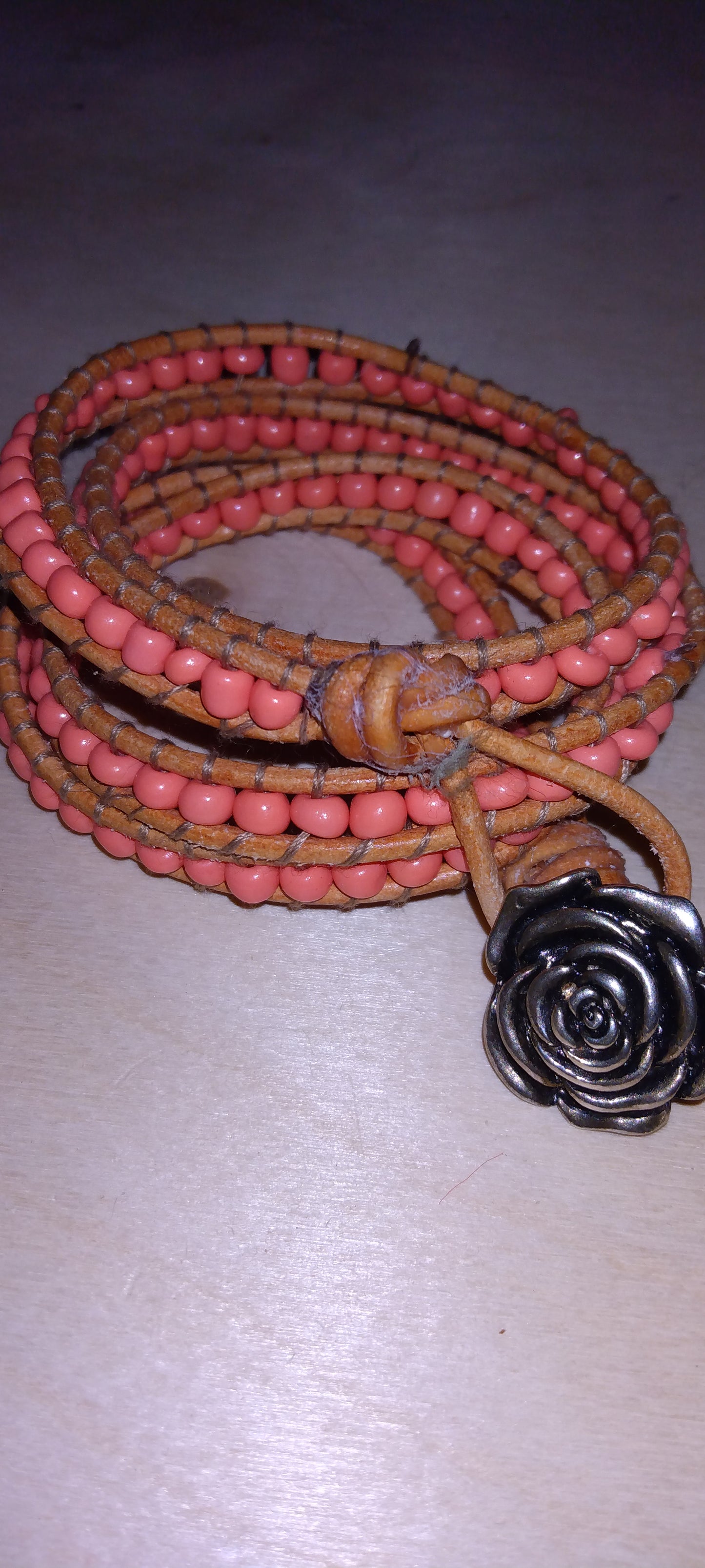 Handmade leather beaded wrap bracelet